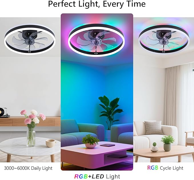 RGB Ceiling Fan with Light, 20'' Low Profile Ceiling Fans, Black Flush Mount LED Fan Light with Remote Control, Modern