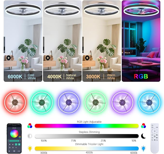RGB Ceiling Fan with Light, 20'' Low Profile Ceiling Fans, Black Flush Mount LED Fan Light with Remote Control, Modern
