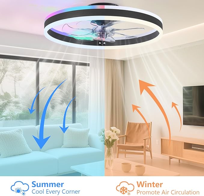 RGB Ceiling Fan with Light, 20'' Low Profile Ceiling Fans, Black Flush Mount LED Fan Light with Remote Control, Modern