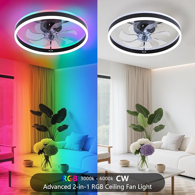 RGB Ceiling Fan with Light, 20'' Low Profile Ceiling Fans, Black Flush Mount LED Fan Light with Remote Control, Modern