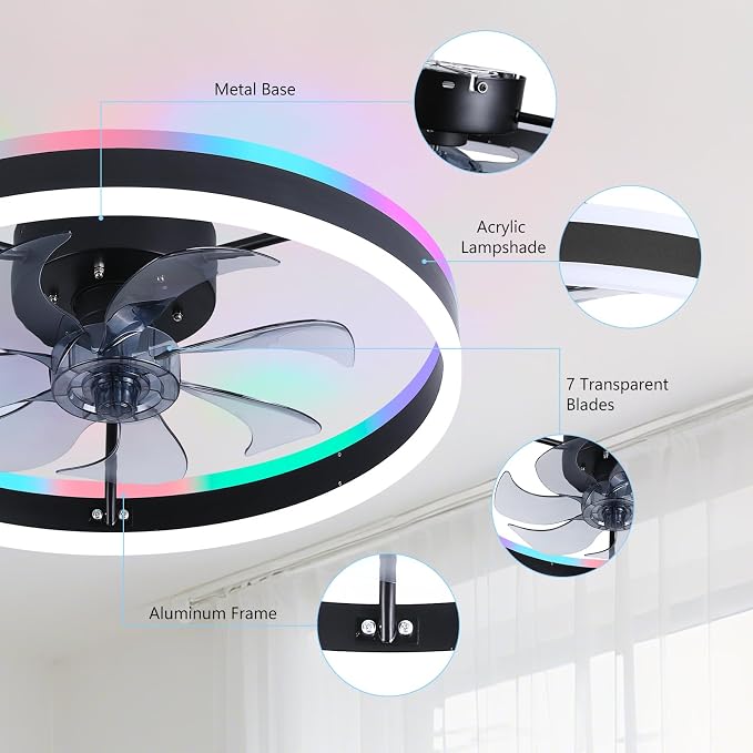 RGB Ceiling Fan with Light, 20'' Low Profile Ceiling Fans, Black Flush Mount LED Fan Light with Remote Control, Modern