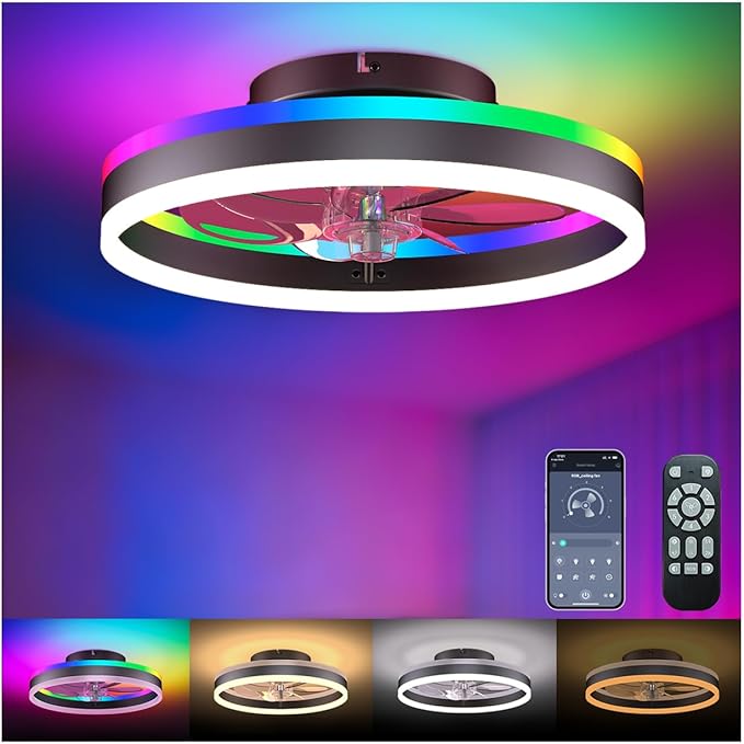 RGB Ceiling Fan with Lights, Low Profile Ceiling Fans with Lights and Remote, Flush Mount LED Fan Light, Modern Bladeless