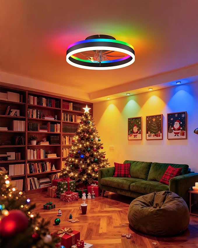 RGB Ceiling Fan with Lights, Low Profile Ceiling Fans with Lights and Remote, Flush Mount LED Fan Light, Modern Bladeless