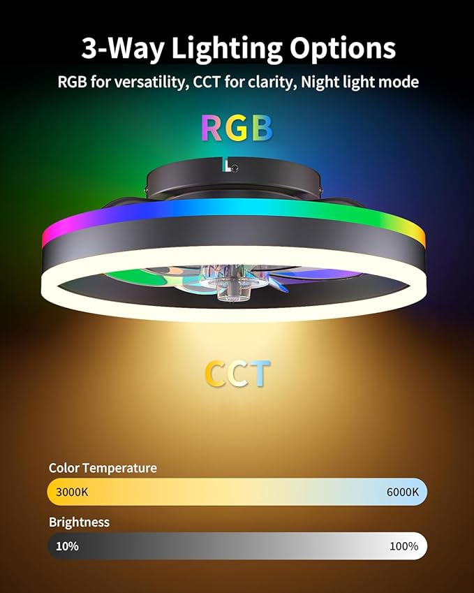 RGB Ceiling Fan with Lights, Low Profile Ceiling Fans with Lights and Remote, Flush Mount LED Fan Light, Modern Bladeless