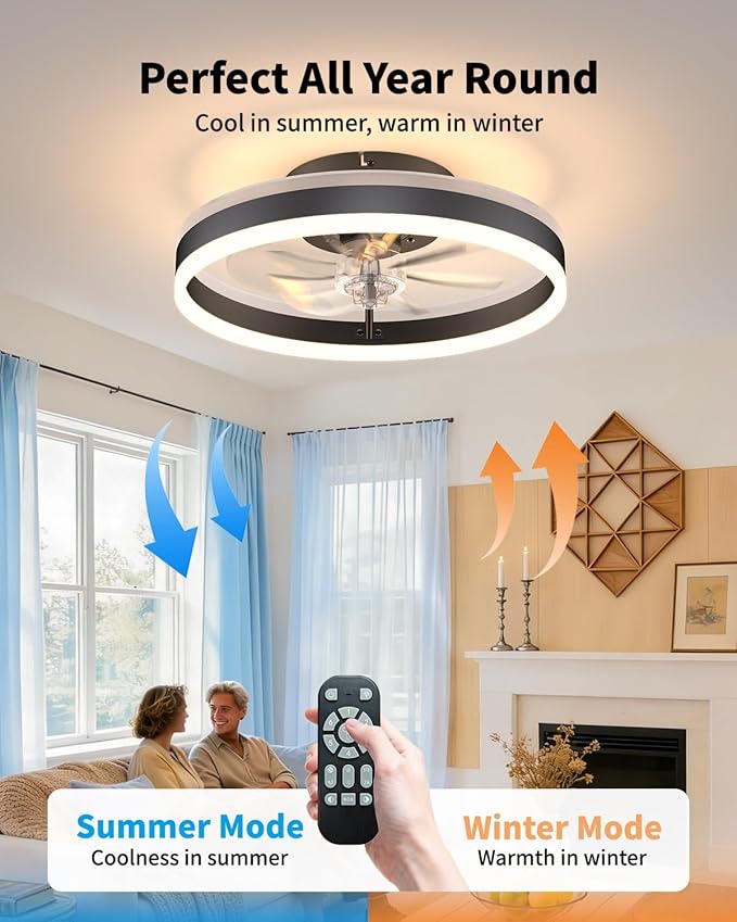 RGB Ceiling Fan with Lights, Low Profile Ceiling Fans with Lights and Remote, Flush Mount LED Fan Light, Modern Bladeless