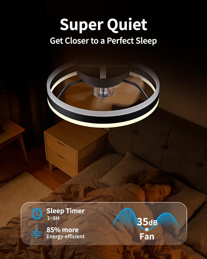 RGB Ceiling Fan with Lights, Low Profile Ceiling Fans with Lights and Remote, Flush Mount LED Fan Light, Modern Bladeless