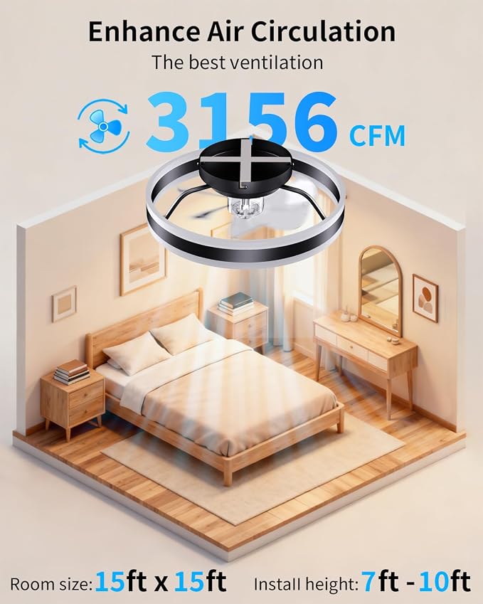 RGB Ceiling Fan with Lights, Low Profile Ceiling Fans with Lights and Remote, Flush Mount LED Fan Light, Modern Bladeless