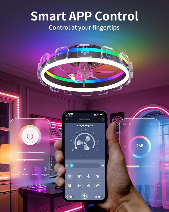 RGB Ceiling Fan with Lights, Low Profile Ceiling Fans with Lights and Remote, Flush Mount LED Fan Light, Modern Bladeless