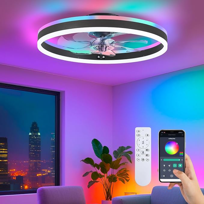 RGB Ceiling Fans with Lights, 15.7'' Modern Low Profile Ceiling Fan, Dimmable Flush Mount Ceiling Fan with Remote/APP