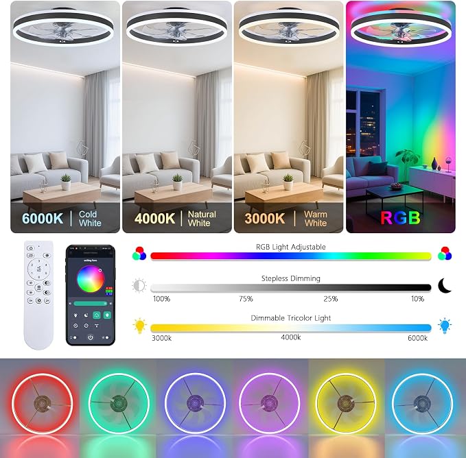 RGB Ceiling Fans with Lights, 15.7'' Modern Low Profile Ceiling Fan, Dimmable Flush Mount Ceiling Fan with Remote/APP