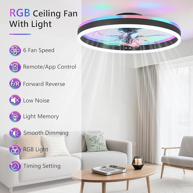 RGB Ceiling Fans with Lights, 15.7'' Modern Low Profile Ceiling Fan, Dimmable Flush Mount Ceiling Fan with Remote/APP
