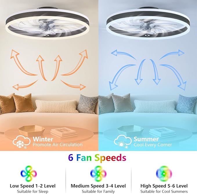 RGB Ceiling Fans with Lights, 15.7'' Modern Low Profile Ceiling Fan, Dimmable Flush Mount Ceiling Fan with Remote/APP