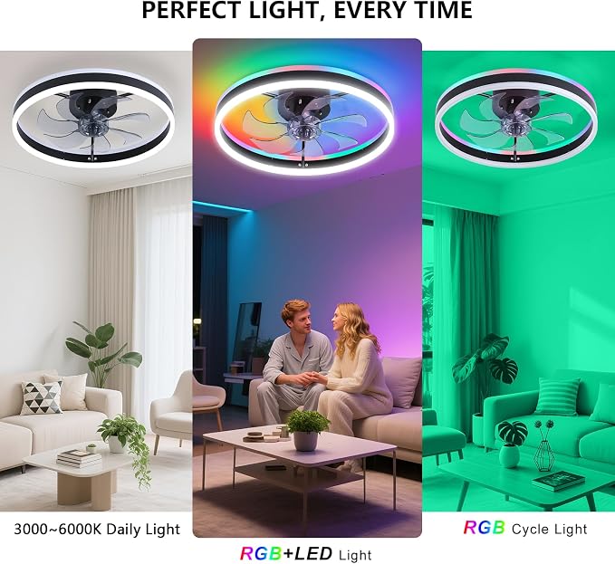 RGB Ceiling Fans with Lights, 15.7'' Modern Low Profile Ceiling Fan, Dimmable Flush Mount Ceiling Fan with Remote/APP