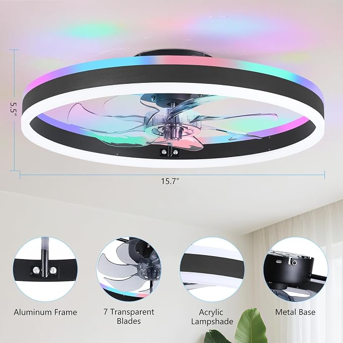 RGB Ceiling Fans with Lights, 15.7'' Modern Low Profile Ceiling Fan, Dimmable Flush Mount Ceiling Fan with Remote/APP