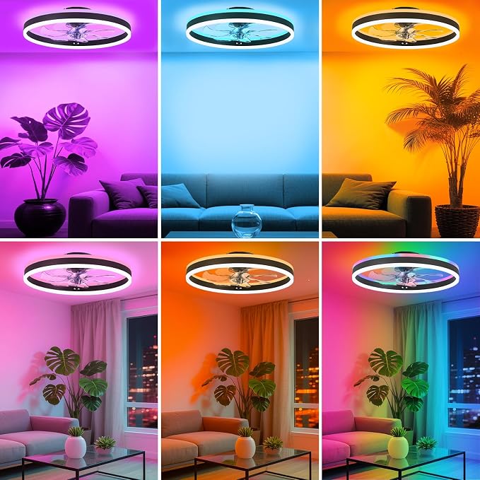 RGB Ceiling Fans with Lights, 15.7'' Modern Low Profile Ceiling Fan, Dimmable Flush Mount Ceiling Fan with Remote/APP