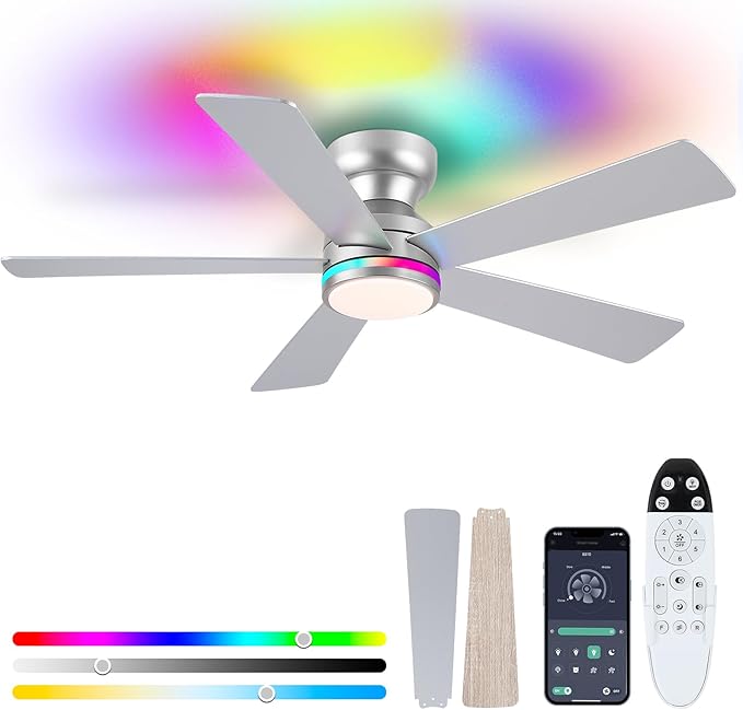 RGB Ceiling Fans with Lights, 46" Flush Mount Ceiling Fan with Remote APP, RGB+3CCT Dimmable Led Light, Reversible 6 Wind