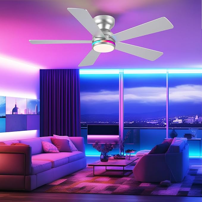 RGB Ceiling Fans with Lights, 46" Flush Mount Ceiling Fan with Remote APP, RGB+3CCT Dimmable Led Light, Reversible 6 Wind
