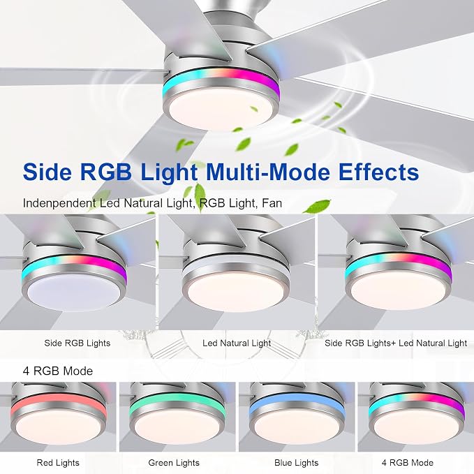 RGB Ceiling Fans with Lights, 46" Flush Mount Ceiling Fan with Remote APP, RGB+3CCT Dimmable Led Light, Reversible 6 Wind