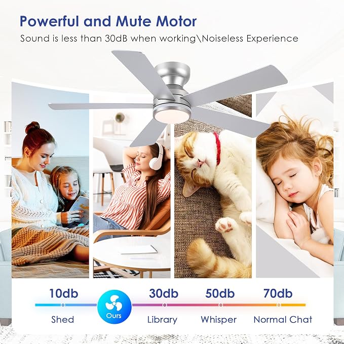 RGB Ceiling Fans with Lights, 46" Flush Mount Ceiling Fan with Remote APP, RGB+3CCT Dimmable Led Light, Reversible 6 Wind