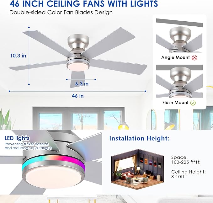 RGB Ceiling Fans with Lights, 46" Flush Mount Ceiling Fan with Remote APP, RGB+3CCT Dimmable Led Light, Reversible 6 Wind
