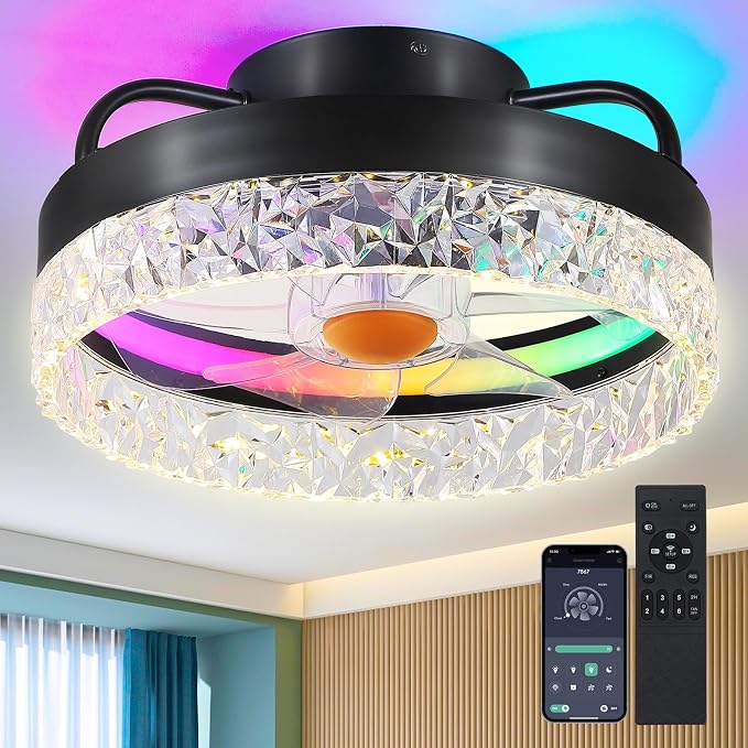 RGB Ceiling Fans with Lights and Remote, 13'' Low Profile Ceiling Fans, LED Bladeless Modern Flush Mount Ceiling Fan Light