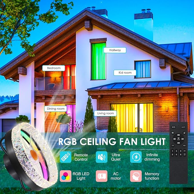 RGB Ceiling Fans with Lights and Remote, 13'' Low Profile Ceiling Fans, LED Bladeless Modern Flush Mount Ceiling Fan Light