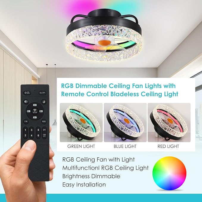 RGB Ceiling Fans with Lights and Remote, 13'' Low Profile Ceiling Fans, LED Bladeless Modern Flush Mount Ceiling Fan Light