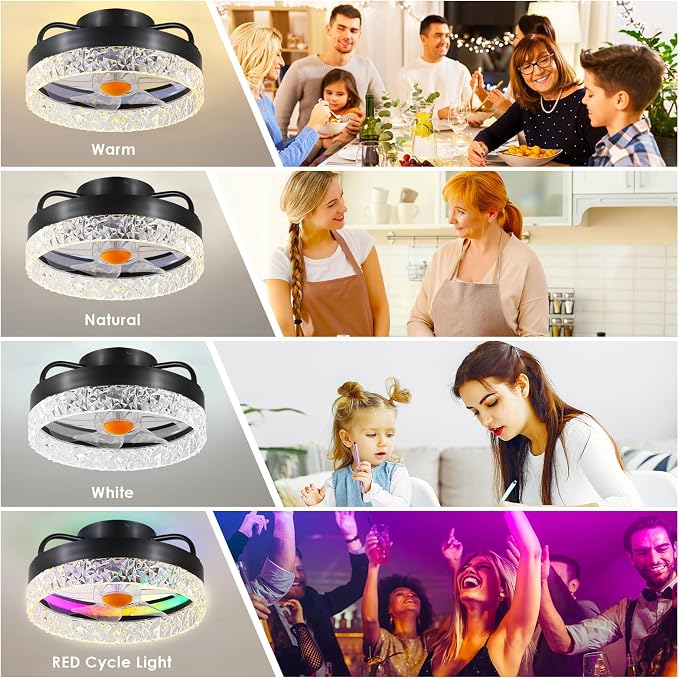 RGB Ceiling Fans with Lights and Remote, 13'' Low Profile Ceiling Fans, LED Bladeless Modern Flush Mount Ceiling Fan Light