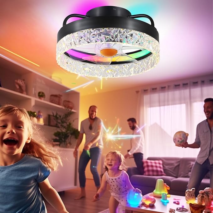 RGB Ceiling Fans with Lights and Remote, 13'' Low Profile Ceiling Fans, LED Bladeless Modern Flush Mount Ceiling Fan Light