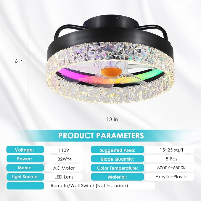 RGB Ceiling Fans with Lights and Remote, 13'' Low Profile Ceiling Fans, LED Bladeless Modern Flush Mount Ceiling Fan Light