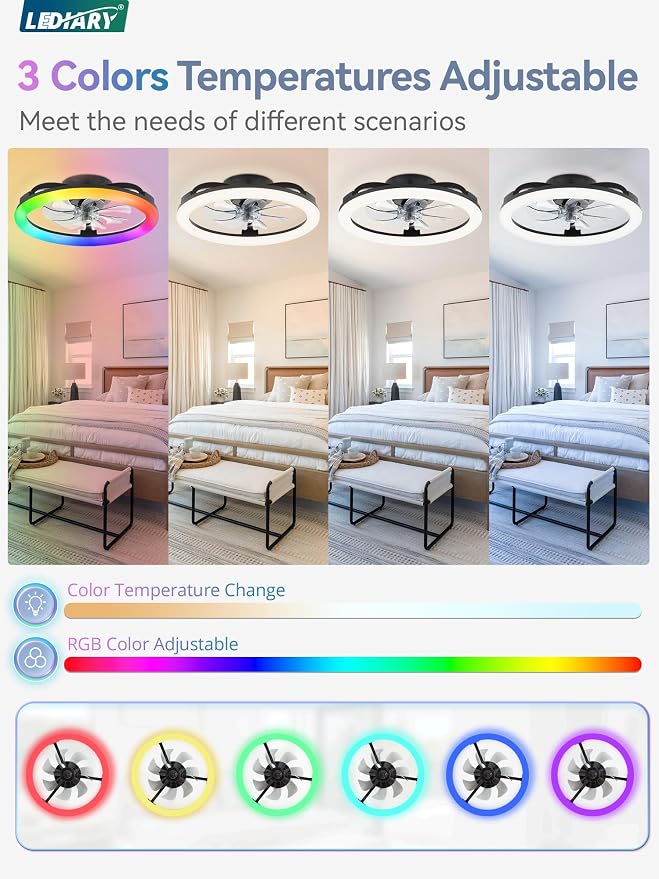 RGB Low Profile Ceiling Fans with Lights and Remote, 20 Inch Dimmable Modern Fan Light(3000K-6000K), 6 Speed, Reversible, APP