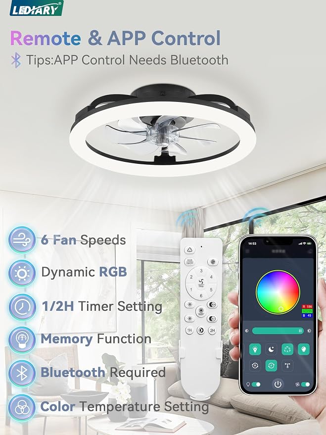 RGB Low Profile Ceiling Fans with Lights and Remote, 20 Inch Dimmable Modern Fan Light(3000K-6000K), 6 Speed, Reversible, APP
