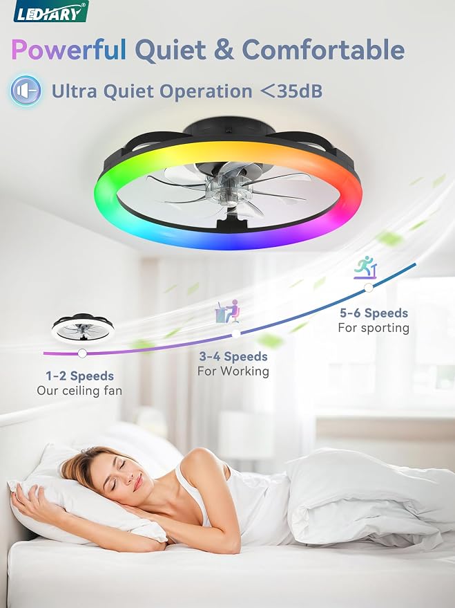 RGB Low Profile Ceiling Fans with Lights and Remote, 20 Inch Dimmable Modern Fan Light(3000K-6000K), 6 Speed, Reversible, APP