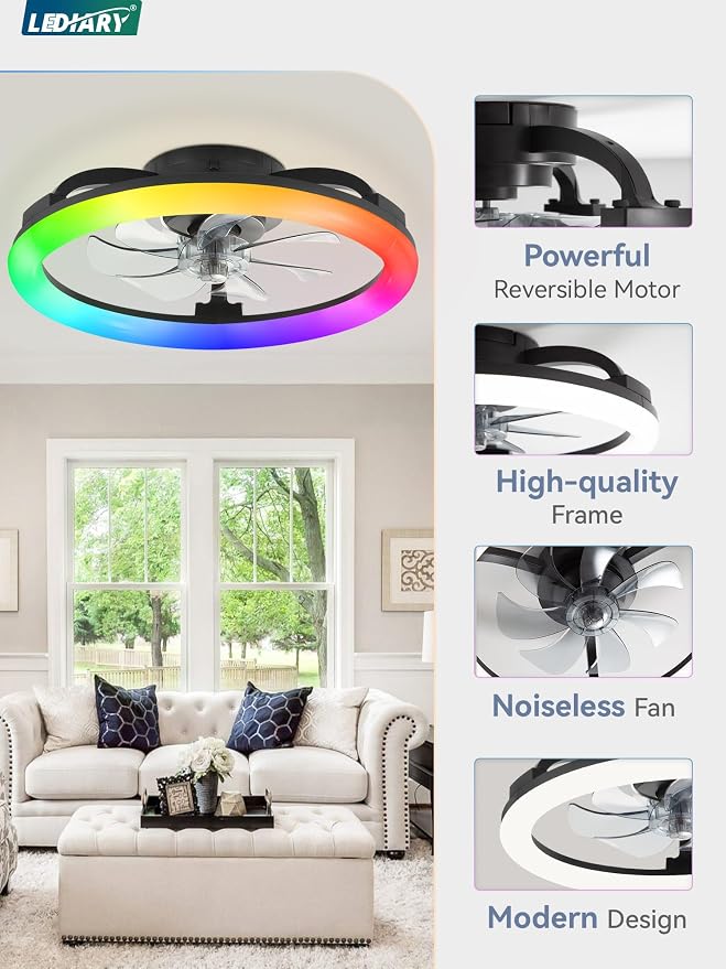 RGB Low Profile Ceiling Fans with Lights and Remote, 20 Inch Dimmable Modern Fan Light(3000K-6000K), 6 Speed, Reversible, APP