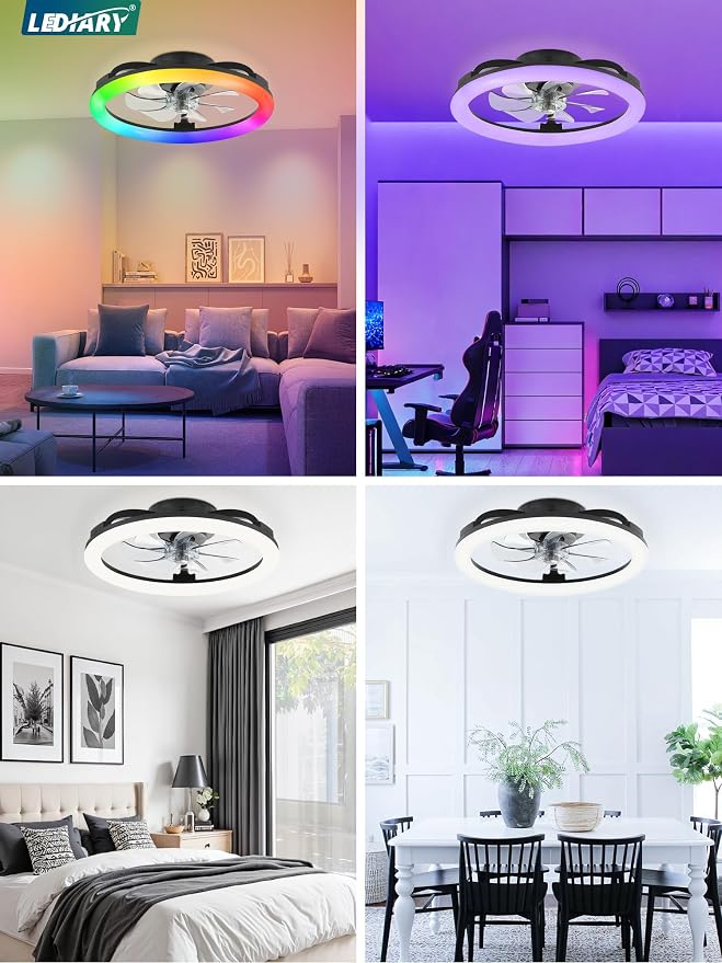 RGB Low Profile Ceiling Fans with Lights and Remote, 20 Inch Dimmable Modern Fan Light(3000K-6000K), 6 Speed, Reversible, APP