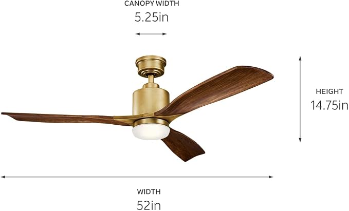 Ridley II 52" Ceiling Fan and Light Kit in Natural Brass, 3-Blade LED Ceiling Fan in Cherry Finish, 3000K, (52" W x 14.5" H)