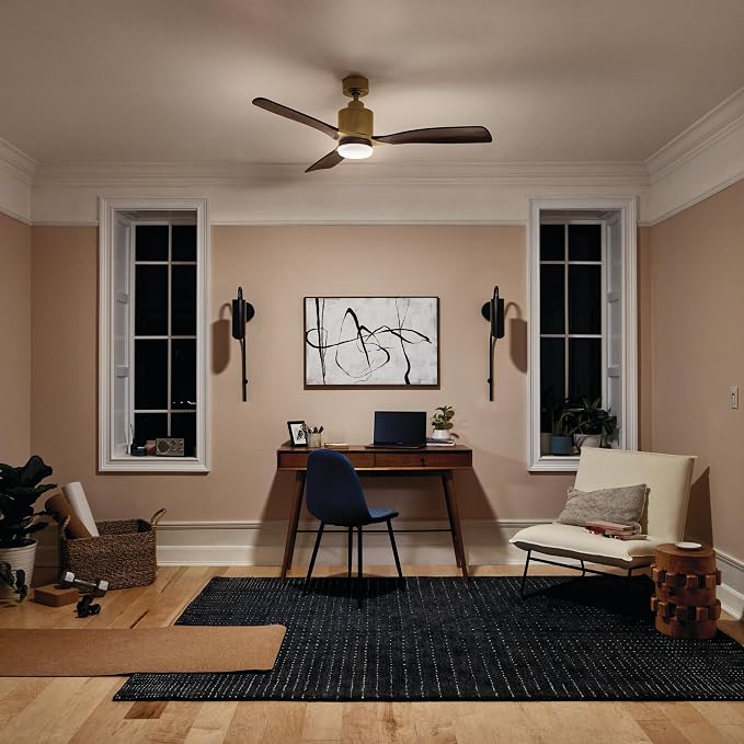 Ridley II 52" Ceiling Fan and Light Kit in Natural Brass, 3-Blade LED Ceiling Fan in Cherry Finish, 3000K, (52" W x 14.5" H)
