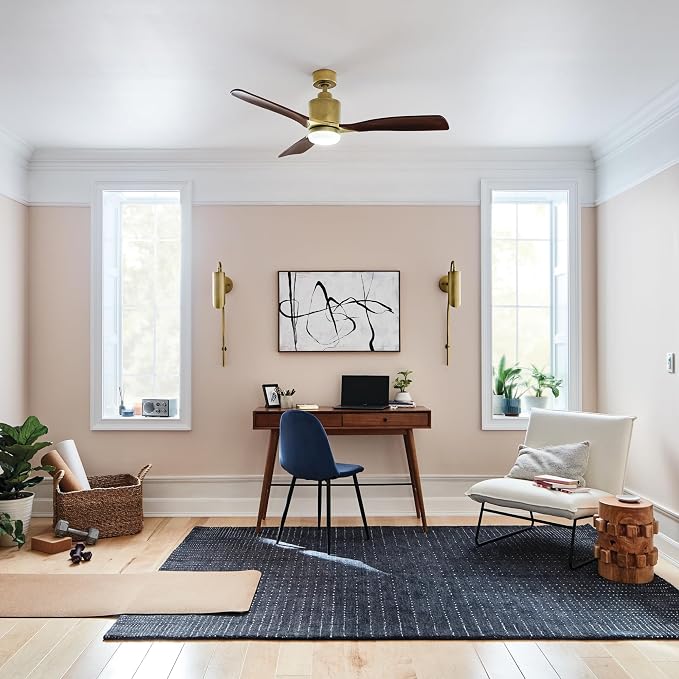 Ridley II 52" Ceiling Fan and Light Kit in Natural Brass, 3-Blade LED Ceiling Fan in Cherry Finish, 3000K, (52" W x 14.5" H)