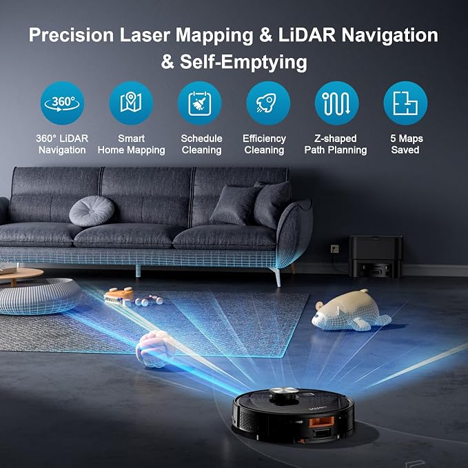 Robot Vacuum and Mop, 11500 Pa Suction, 3-in-1 Robotic Vacuum with Smart LiDAR Navigation, 90 Day Self-Emptying,160 Min
