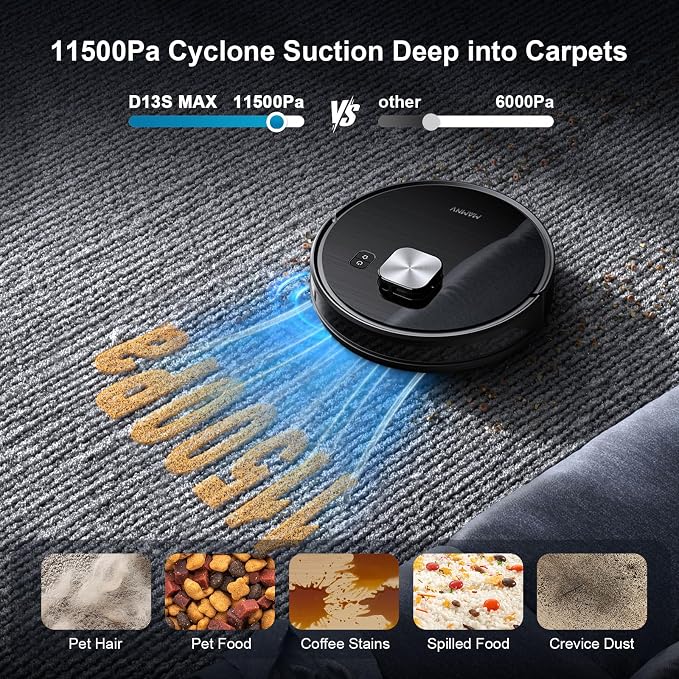 Robot Vacuum and Mop, 11500 Pa Suction, 3-in-1 Robotic Vacuum with Smart LiDAR Navigation, 90 Day Self-Emptying,160 Min