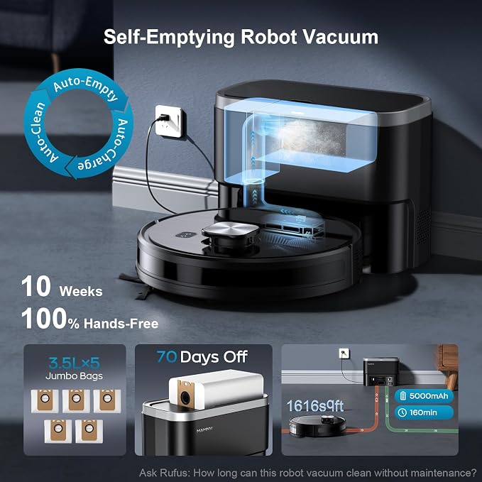 Robot Vacuum and Mop, 11500 Pa Suction, 3-in-1 Robotic Vacuum with Smart LiDAR Navigation, 90 Day Self-Emptying,160 Min