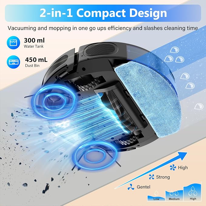 Robot Vacuum and Mop Combo, 5000Pa Robotic Vacuum Cleaner, 150 Min Max, App & Remote Control, Ideal for Hard Floor, Carpet