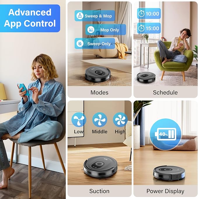 Robot Vacuum and Mop Combo, 5000Pa Robotic Vacuum Cleaner, 150 Min Max, App & Remote Control, Ideal for Hard Floor, Carpet