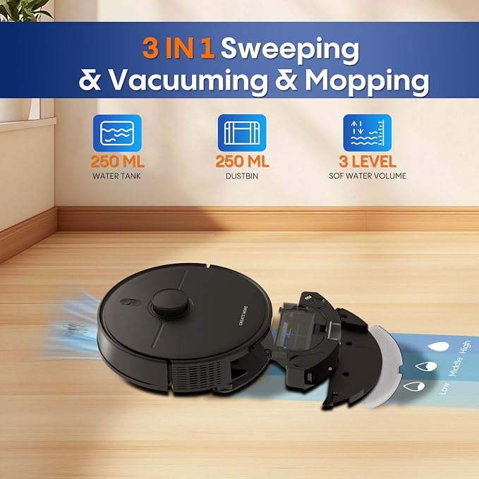 Robot Vacuum and Mop, Robot Vacuum Self Emptying with 5000Pa Suction, 3-in-1 LiDAR Navigation, Home Mapping, No-Go Zones, Up