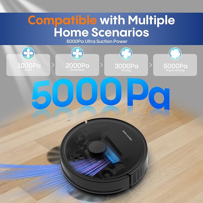 Robot Vacuum and Mop, Robot Vacuum Self Emptying with 5000Pa Suction, 3-in-1 LiDAR Navigation, Home Mapping, No-Go Zones, Up