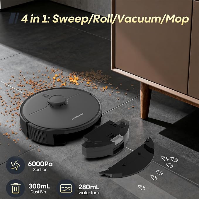 Robot Vacuum and Mop, Self Emptying, 6000Pa Suction, Advanced Smart Mapping, Easy Custom 4 in 1 Robotic Vacuum for Pet Hair
