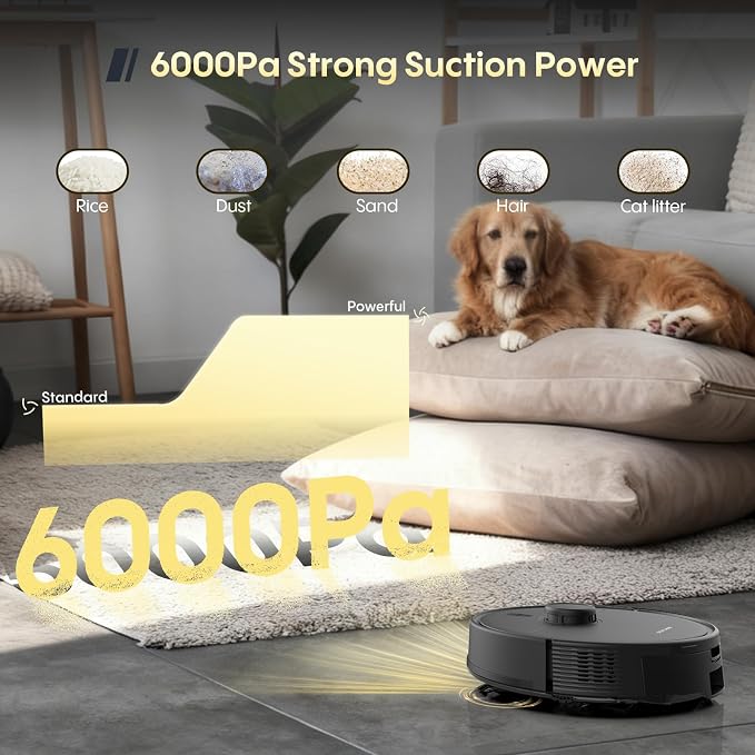 Robot Vacuum and Mop, Self Emptying, 6000Pa Suction, Advanced Smart Mapping, Easy Custom 4 in 1 Robotic Vacuum for Pet Hair