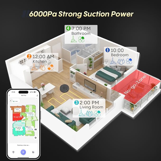Robot Vacuum and Mop, Self Emptying, 6000Pa Suction, Advanced Smart Mapping, Easy Custom 4 in 1 Robotic Vacuum for Pet Hair