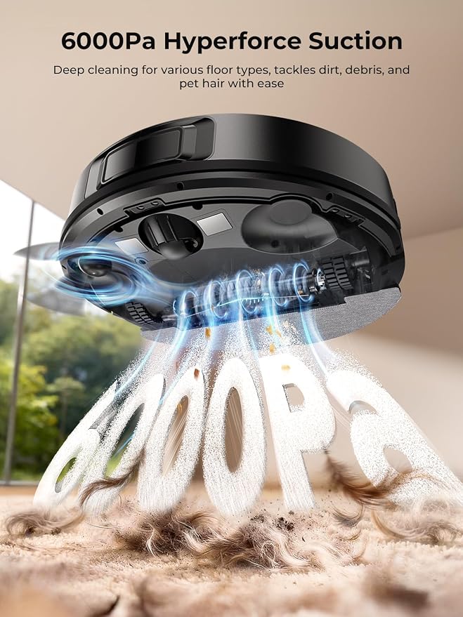 Robot Vacuum and Mop, Upgraded Bagless Robot Vacuum Cleaner with Self-Emptying, 6000Pa Robotic Vacuum with LiDAR Navigation