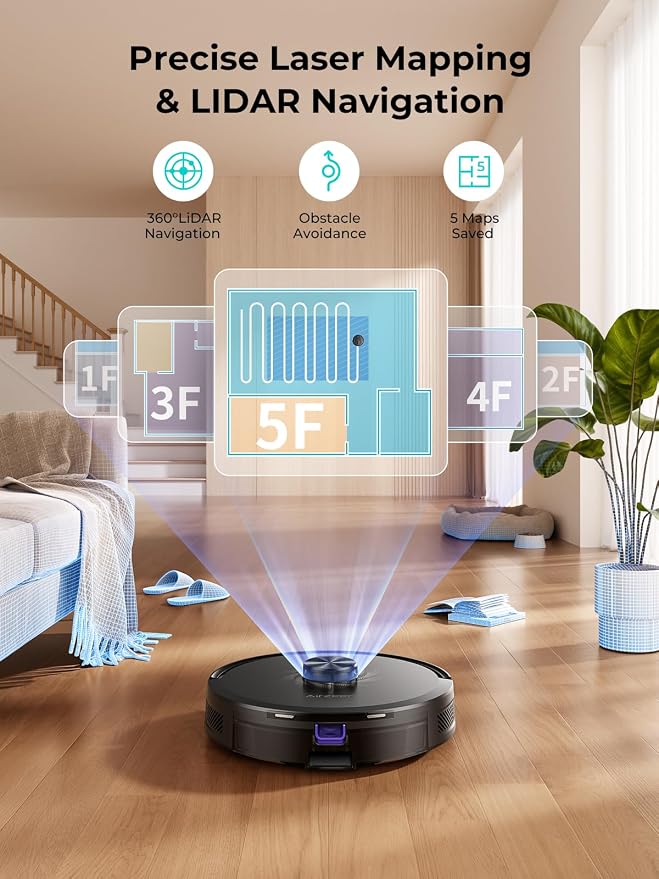 Robot Vacuum and Mop, Upgraded Bagless Robot Vacuum Cleaner with Self-Emptying, 6000Pa Robotic Vacuum with LiDAR Navigation